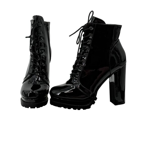 Black Faux Patent Leather Lug Sole Edgy Sexy Baddie Platform Heel Boots 10 - Picture 11 of 16